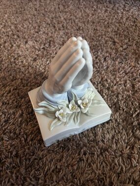 White Porcelain Praying Hands Accent Figurine with Floral Base